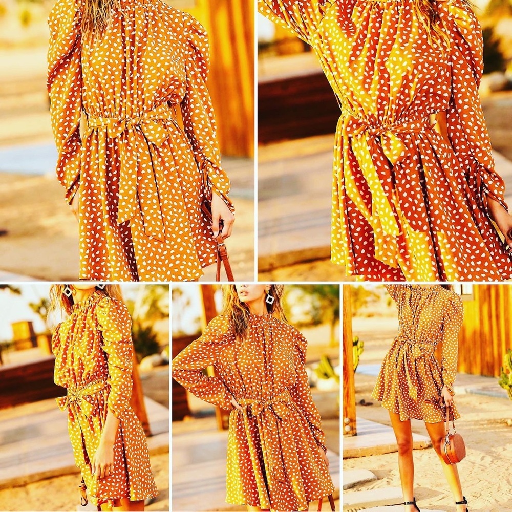 MIDI with Ruffles, puff sleeves, mock neck and cream detailing. 100% Polyester